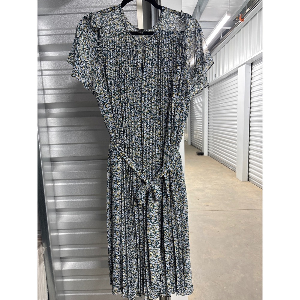 Ann Taylor Floral Pleated Midi Dress Blue Yellow Ditsy Print Short Sleeve L